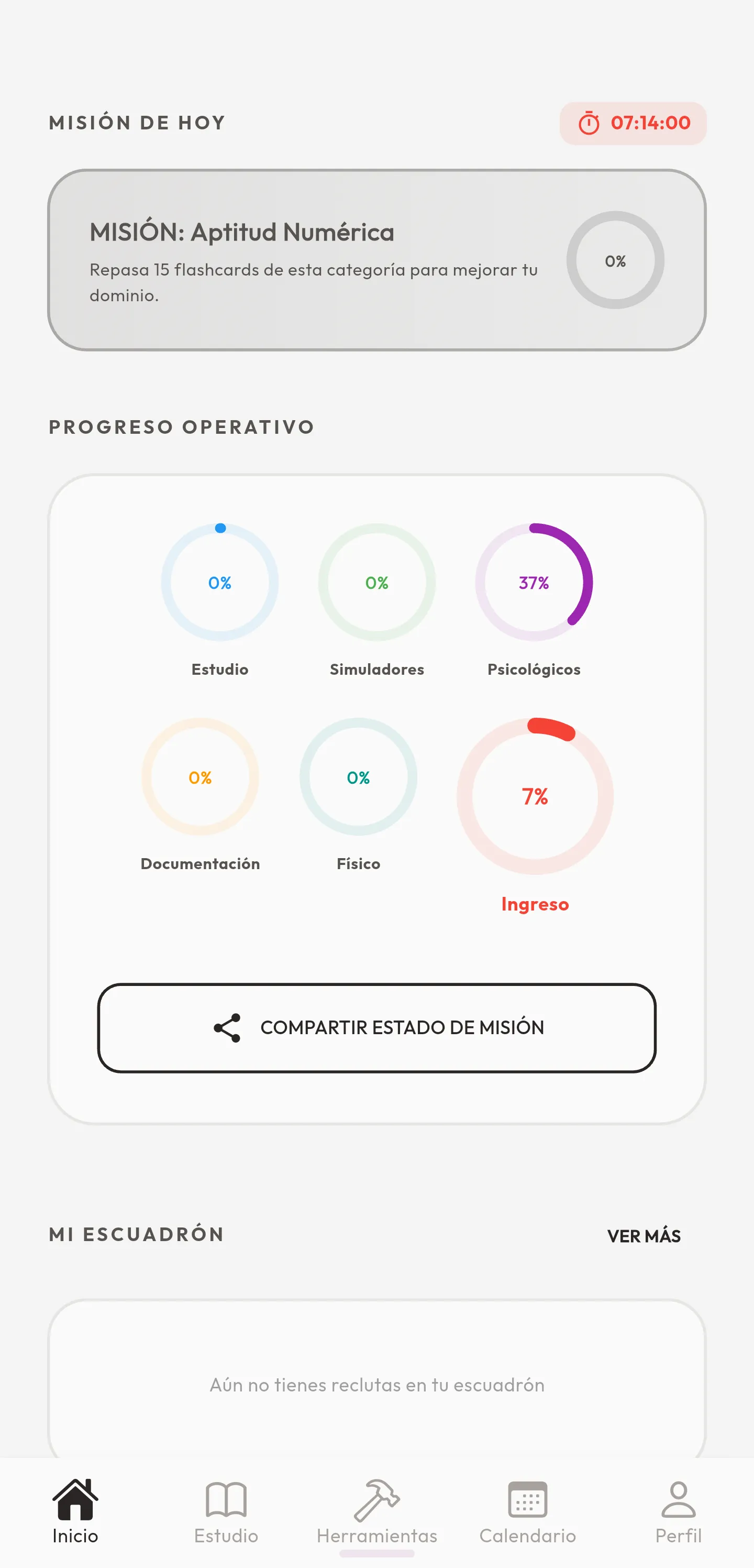Pantalla de inicio de la aplicación Operación Cadete en Android