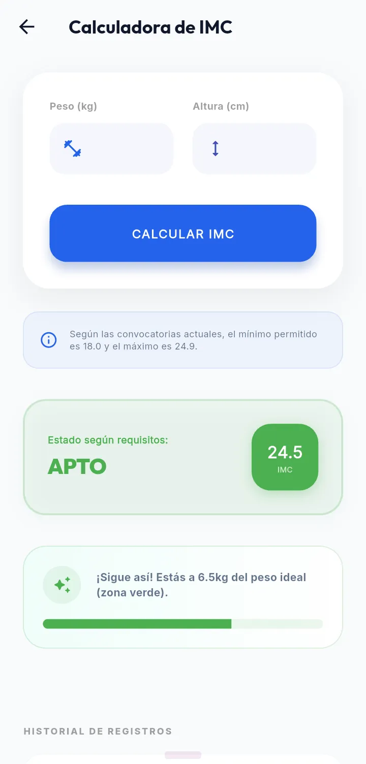 Calculadora IMC militar — resultado APTO