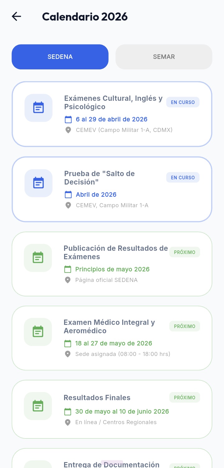Calendario SEDENA 2026 en la app