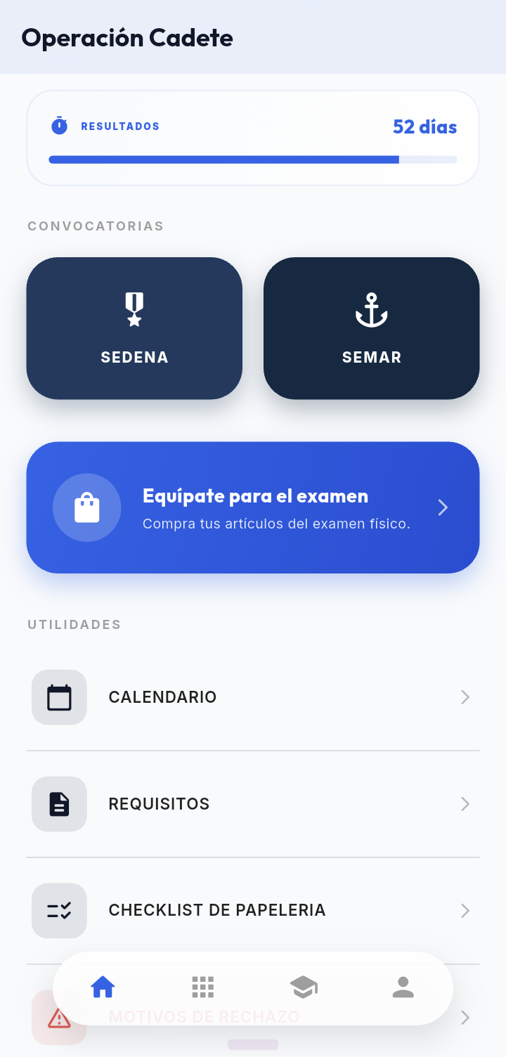 Pantalla principal Operación Cadete — dashboard con SEDENA y SEMAR