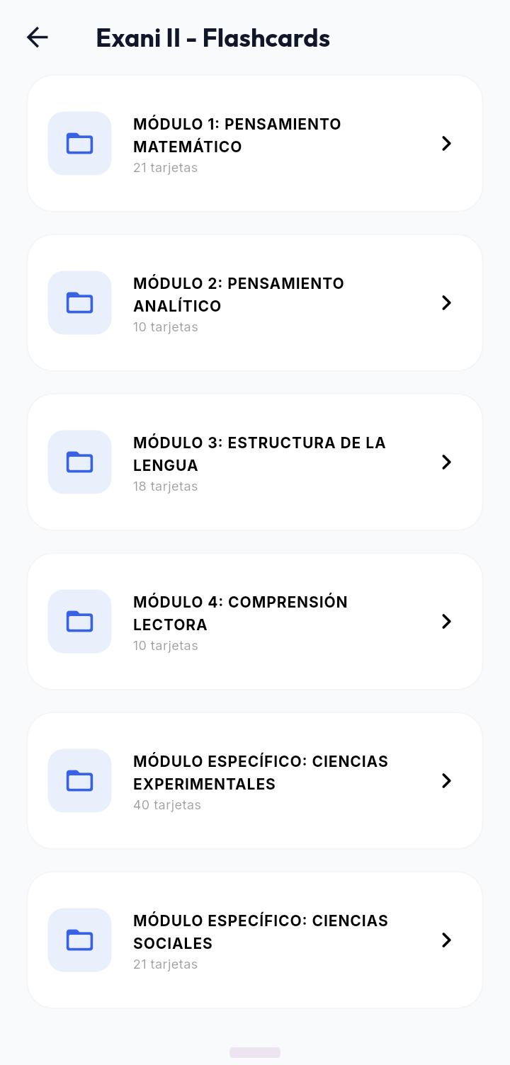 Lista de módulos EXANI-II en la app